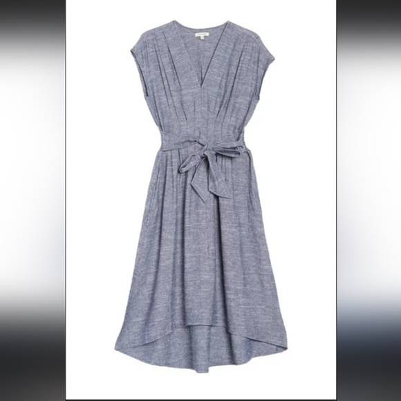 Max Studio Preppy Classic A-line Pleated V Neck Chambray Tie Belt Shirtdress - Picture 1 of 7